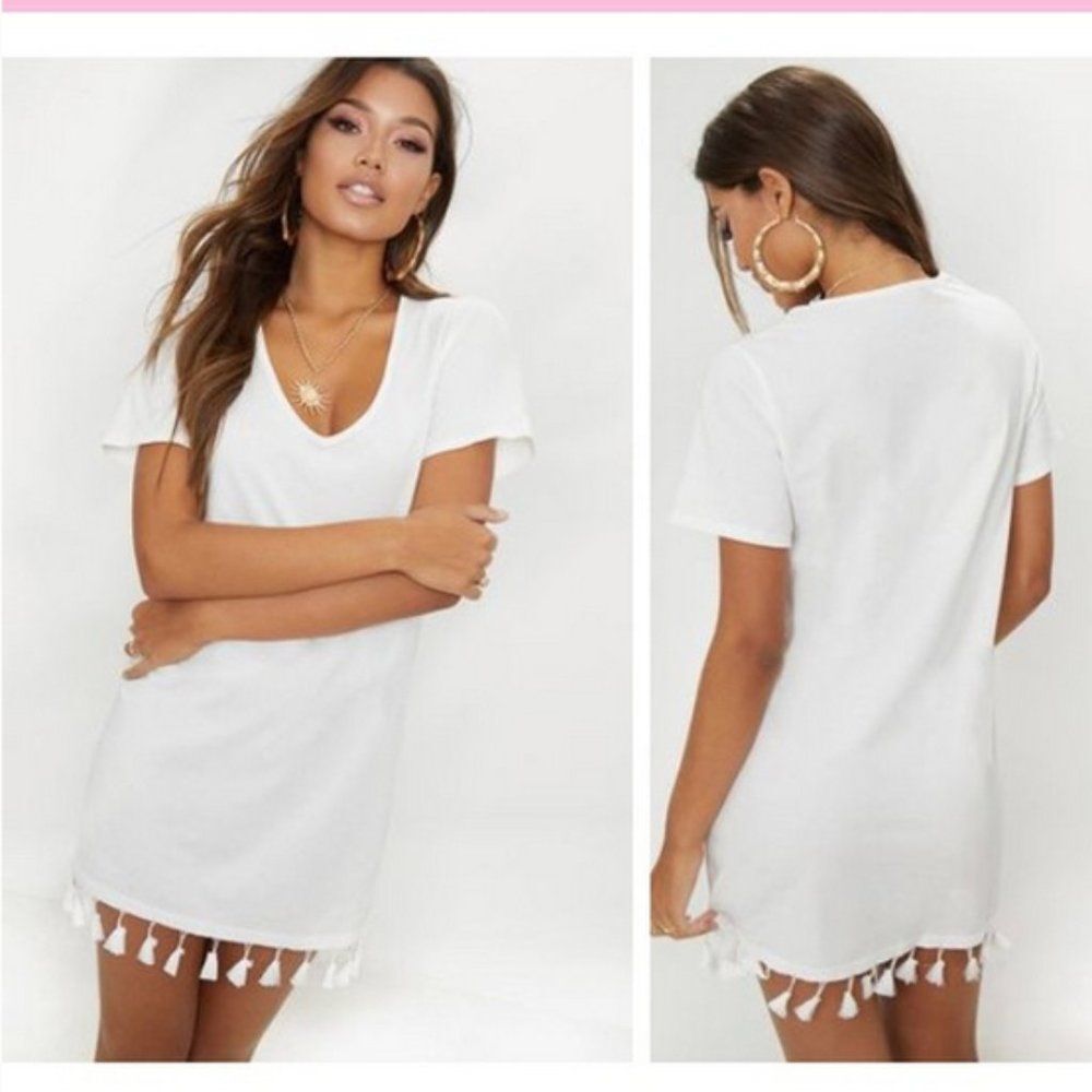 PrettyLittleThing White Cotton Tassel Trim Dress